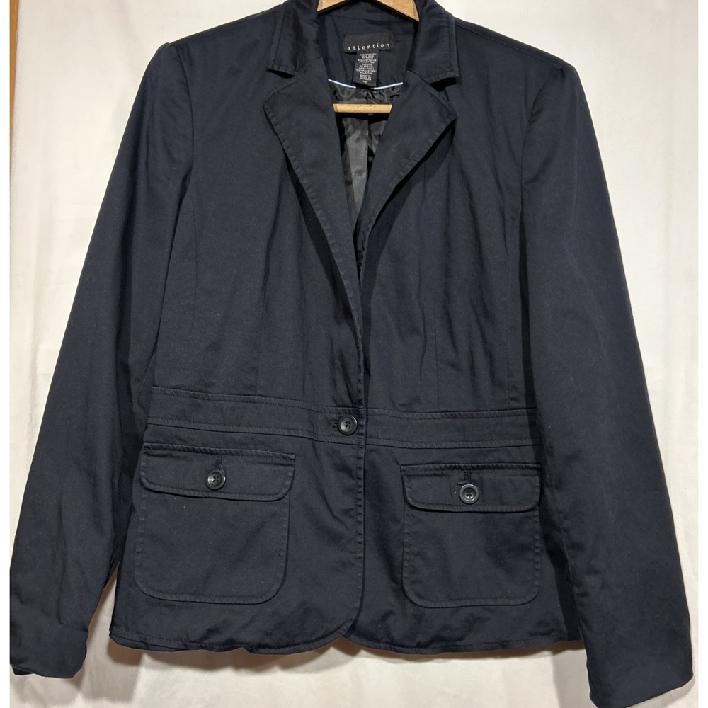 Minimalist Black Cotton Blazer Lined Single Button Pockets Sz 12 Attention